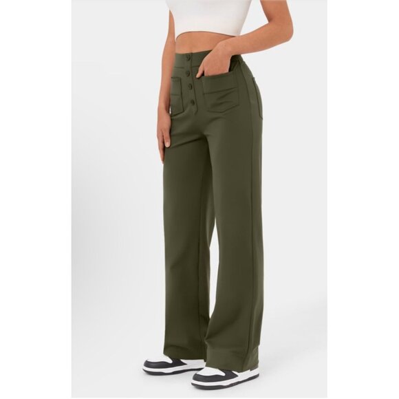 Halara High Waisted Straight Leg Sz Small Tall Womens Green Button Multi Pockets - Picture 8 of 14